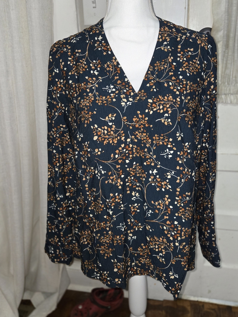 J. Jill Navy Floral V-Neck Long-Sleeve Blouse with Rust Accents